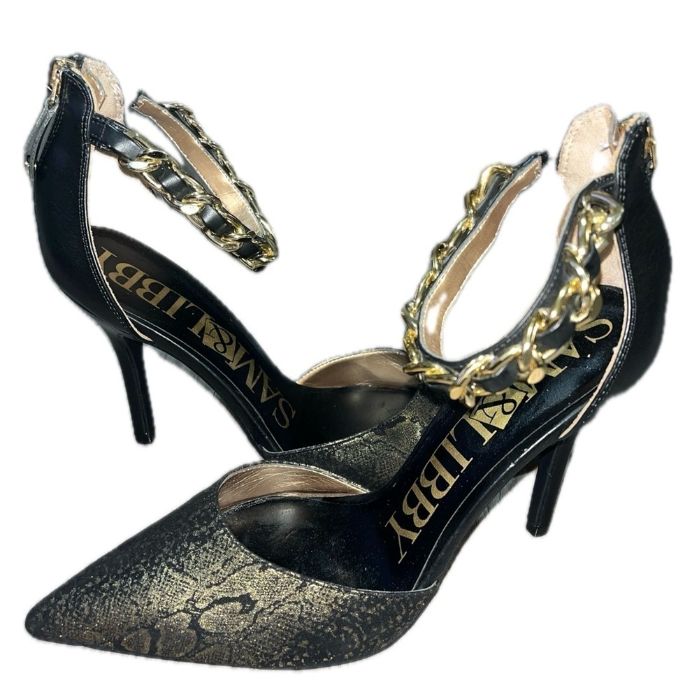 Sam & Libby Dylan Gold Black Ankle Chain Strap Stiletto 4" Heels Shoes, Size 9.5